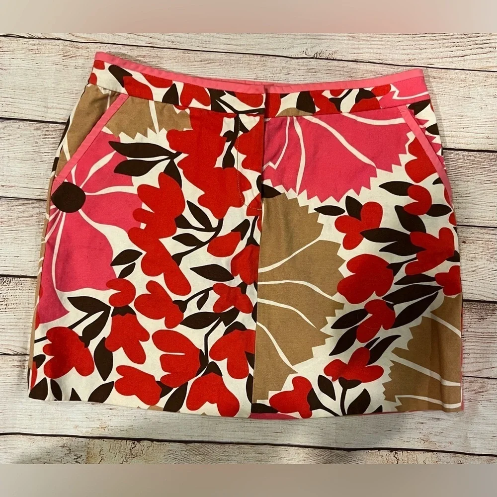 J. Crew Cotton Floral Print Canvas Mini Skirt in Pink White Tan & Red Size 4